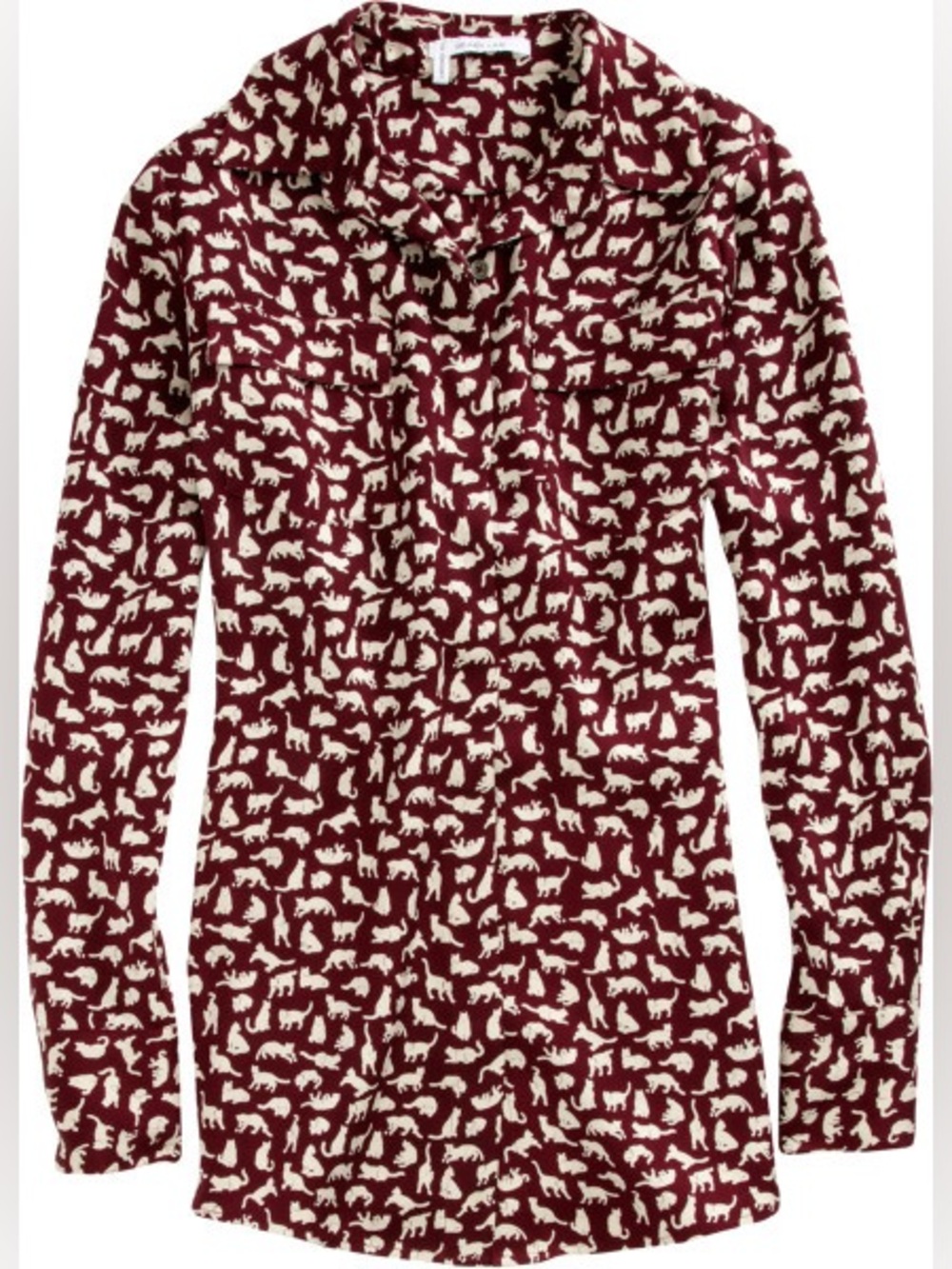 10 Crosby Derek Lam 100% Silk Burgundy Button Henley w Cream Cat Motif